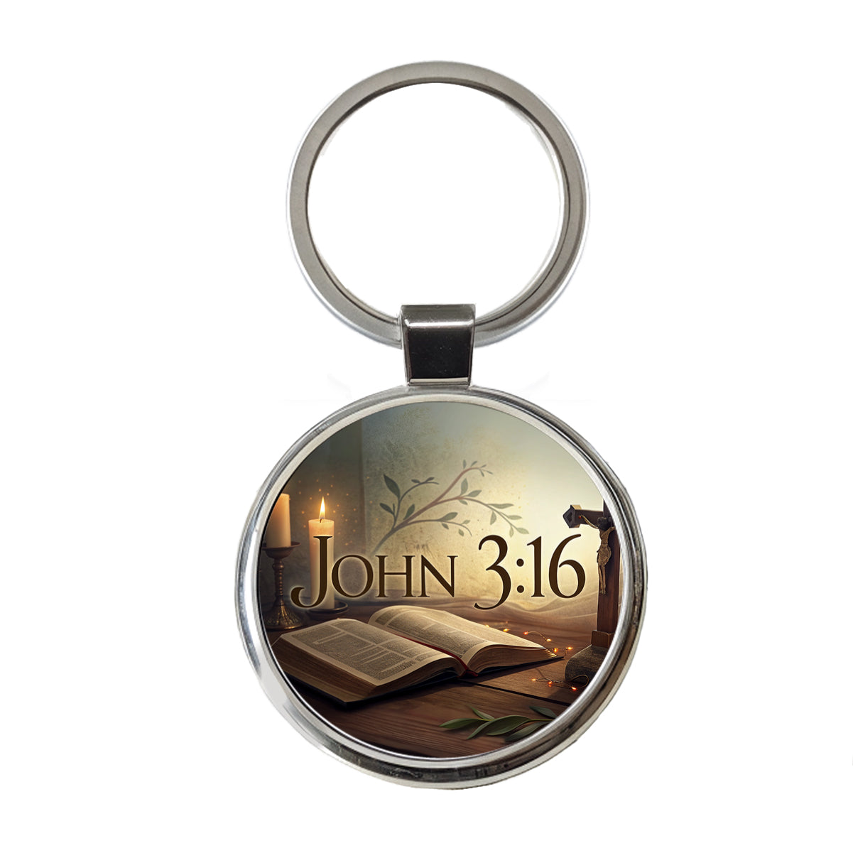 John 3-16 Bible Religious Verse Round Metal Keychain