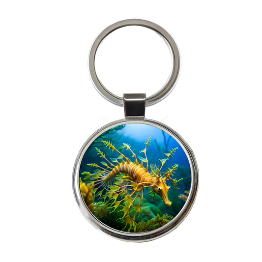 Leafy Seadragon Swimming Round Metal Keychain