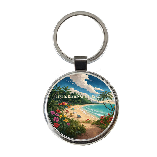 Life is Better At The Beach Tropical Round Metal Keychain