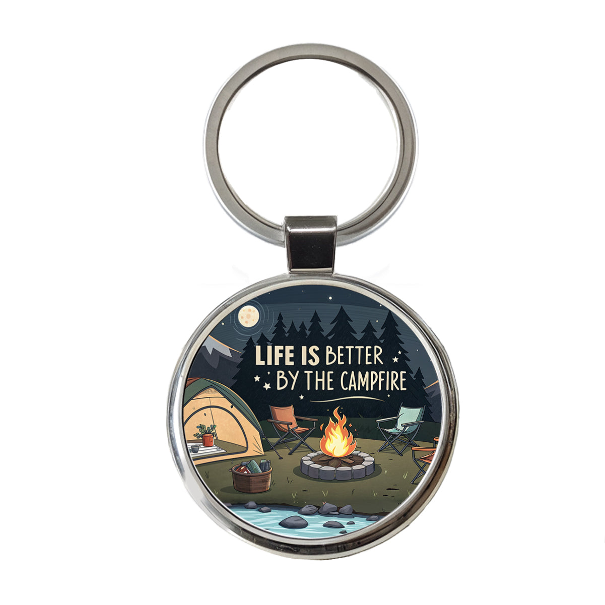 Life is Better By The Campfire Camping Round Metal Keychain