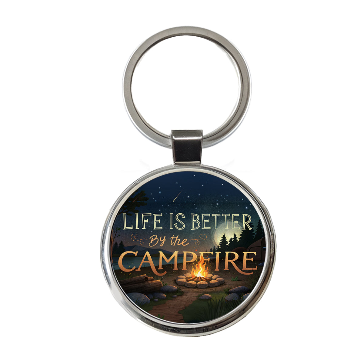 Life is Better By The Campfire Hiking Camping Round Metal Keychain