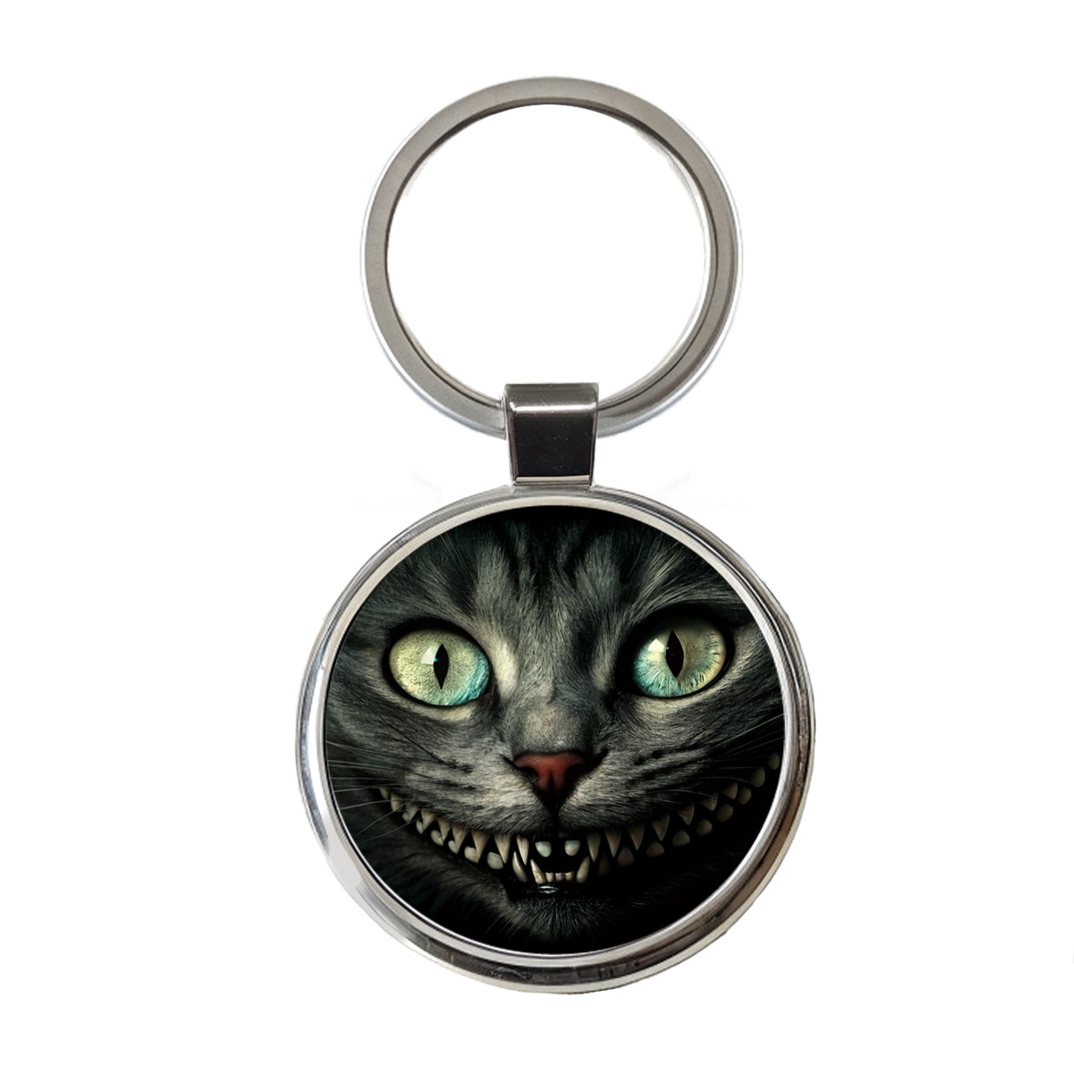 Mischievous Cheshire Cat Grin on Black Round Metal Keychain