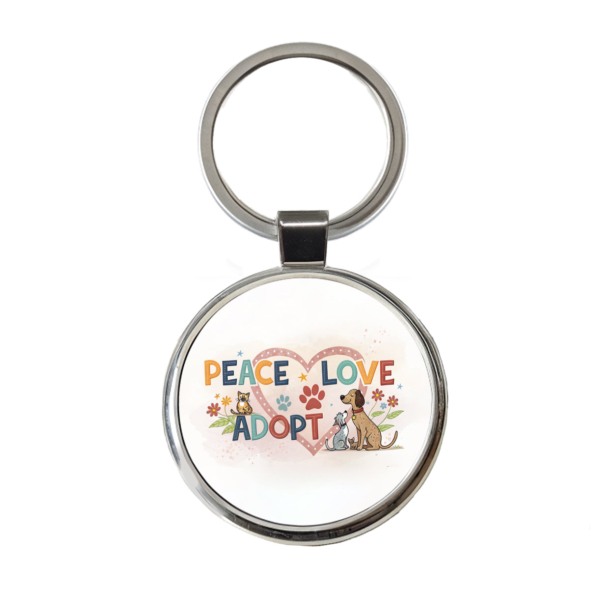 Peace Love Adopt Pet Adoption Rescue Round Metal Keychain