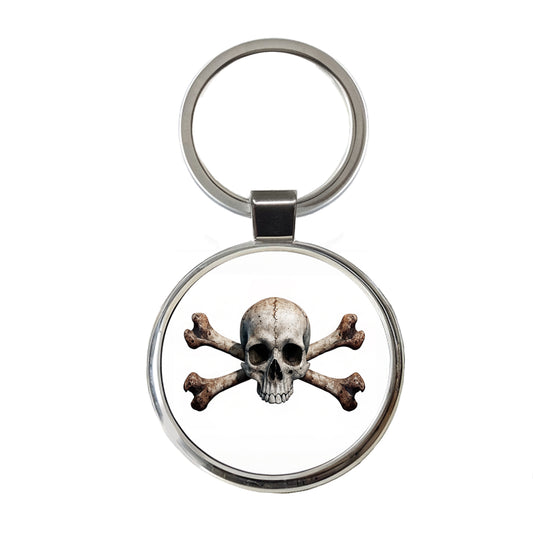 Pirate Skull And Crossbones on White Round Metal Keychain