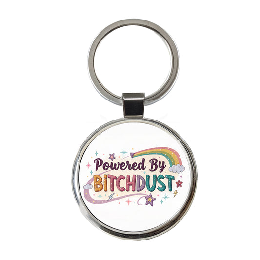 Powered By Bitchdust Sparkly Stars Rainbow Round Metal Keychain