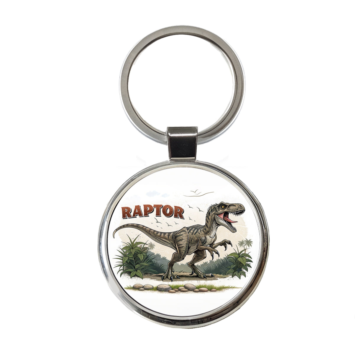 Raptor Dinosaur Cartoon Round Metal Keychain