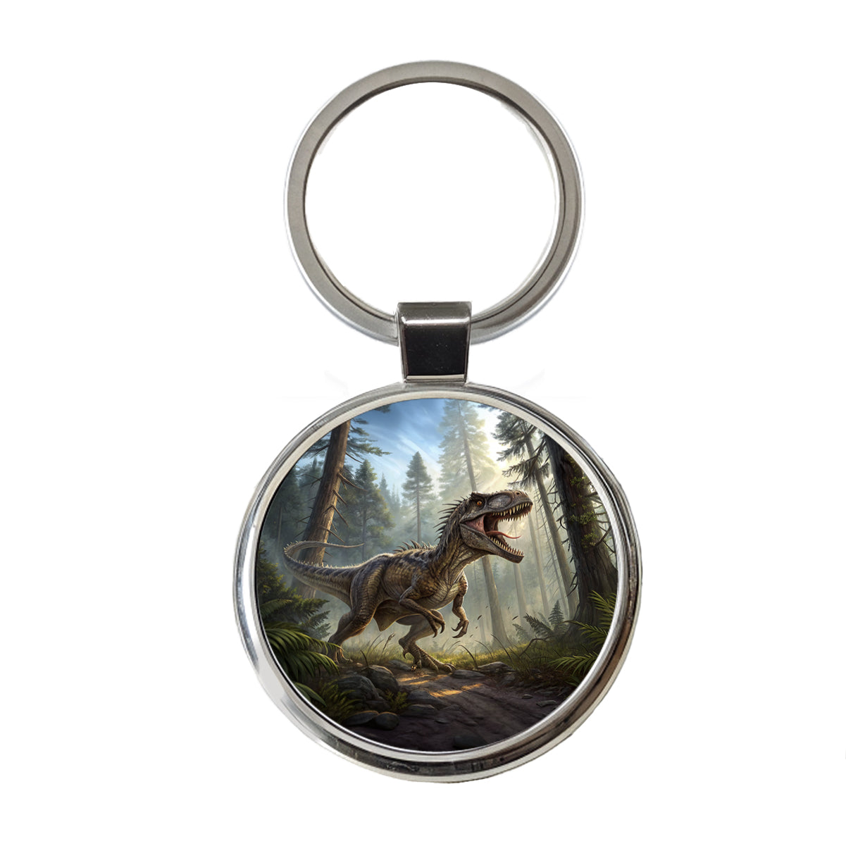 Raptor Dinosaur In Forest Round Metal Keychain