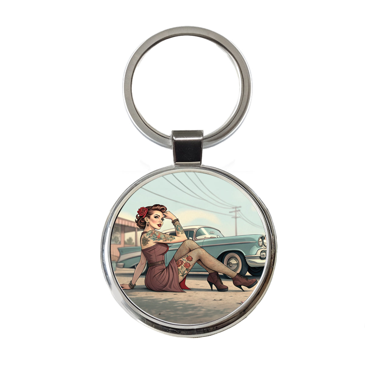 Rockabilly Retro 50's Pin-Up Girl With Tattoos Round Metal Keychain