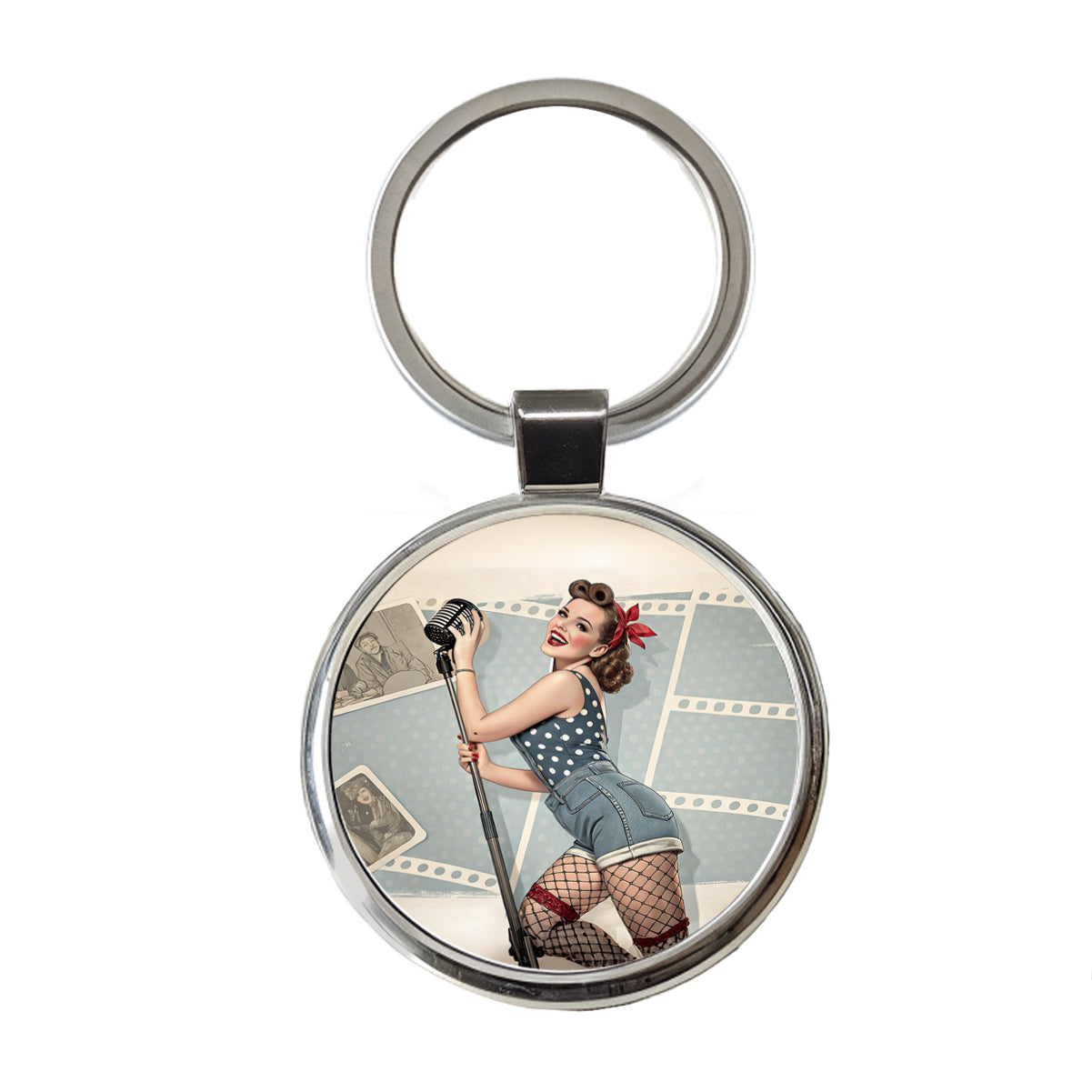 Rockabilly Retro 50's Pin-Up Girl Round Metal Keychain