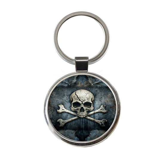 Rustic Skull And Crossbones Pirate Jolly Roger Round Metal Keychain