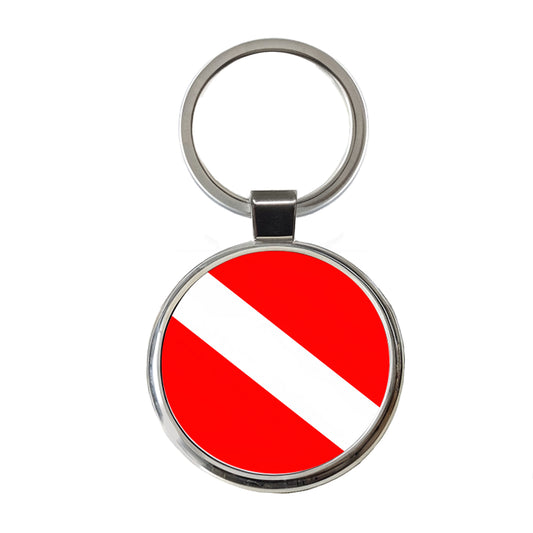 Scuba Diving Flag Red White Diver Down Round Metal Keychain