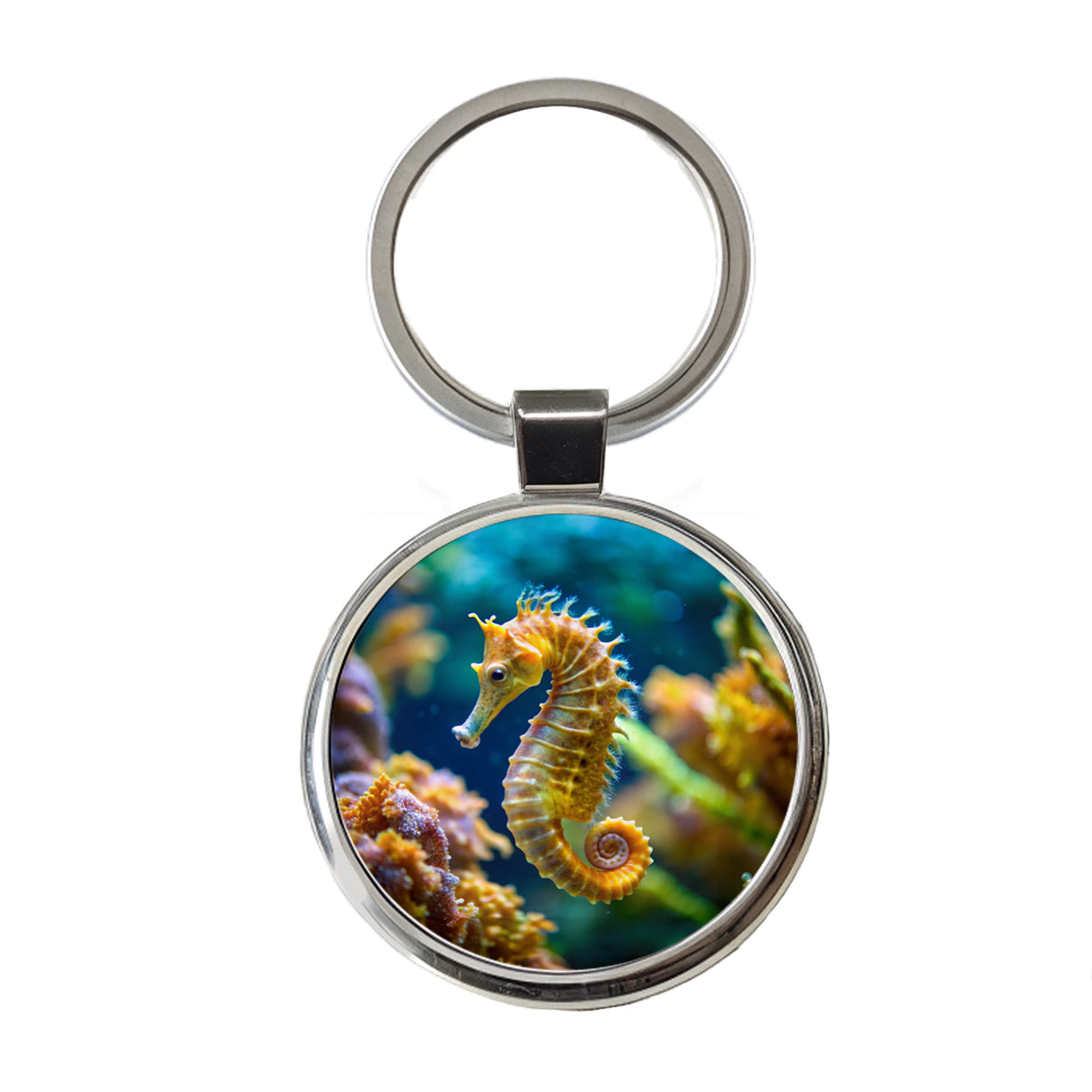 Seahorse in the Ocean Round Metal Keychain