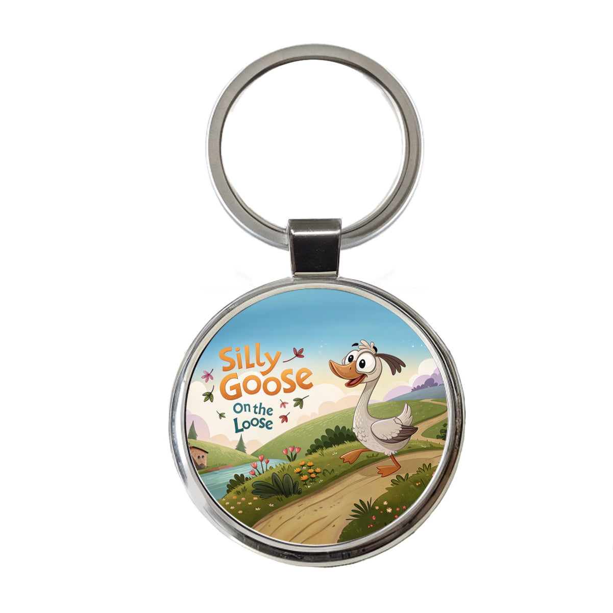 Silly Goose On The Loose Funny Cartoon Round Metal Keychain