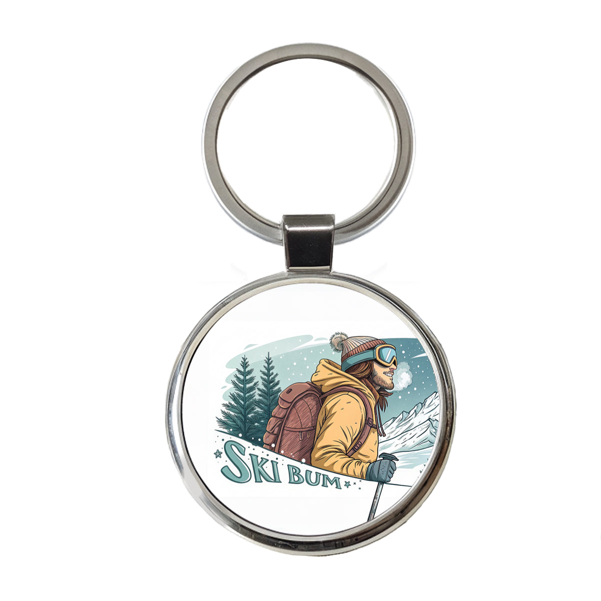 Ski Bum On The Mountain Round Metal Keychain
