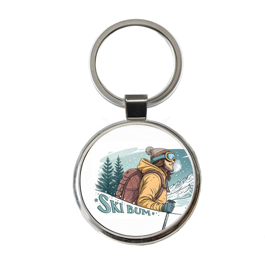 Ski Bum On The Mountain Round Metal Keychain