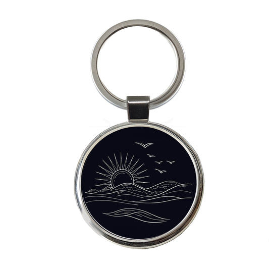 Sunrise And Ocean Wave Outline Illustration Round Metal Keychain
