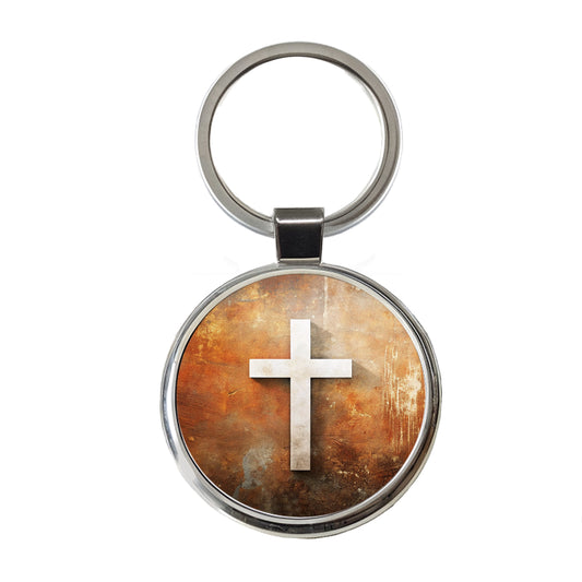 White Cross On Rusty Rustic Background Religious Round Metal Keychain
