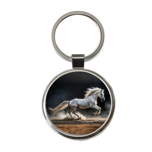 White Horse Galloping Round Metal Keychain