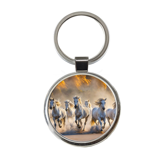 White Horses Galloping Out Of The Mist Round Metal Keychain