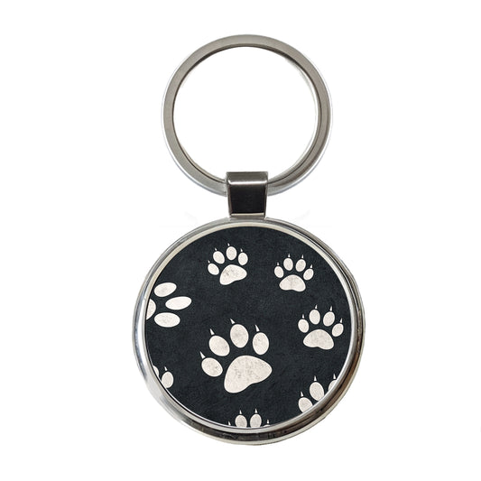 White Paw Prints On Black Pattern Round Metal Keychain