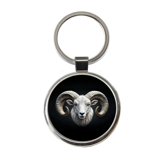 White Ram Head Round Metal Keychain