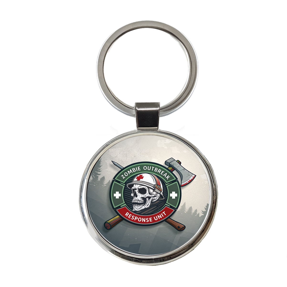 Zombie Outbreak Response Unit Skull Round Metal Keychain