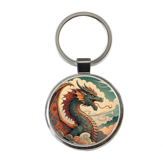 60's Style Pulp Fantasy Dragon Illustration Round Metal Keychain