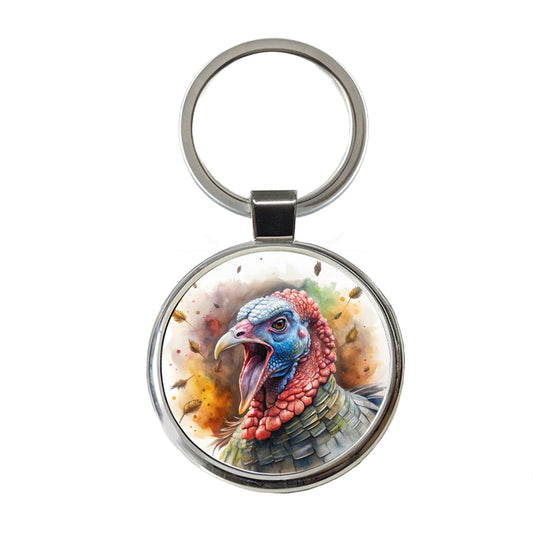 Angry Male Tom Gobbler Turkey Watercolor Round Metal Keychain