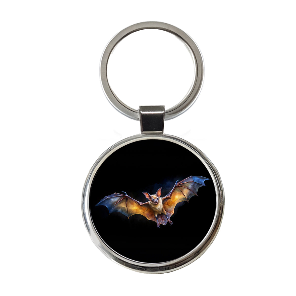 Bat Flying Watercolor Black Background Round Metal Keychain