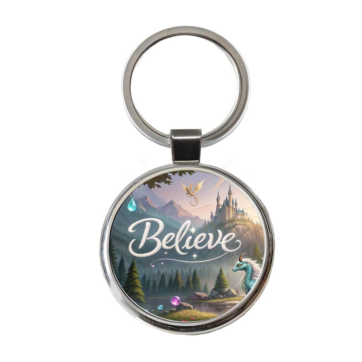 Believe Fantasy Creatures Round Metal Keychain
