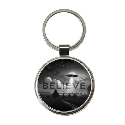 Believe UFO Sci-Fi Fantasy Round Metal Keychain