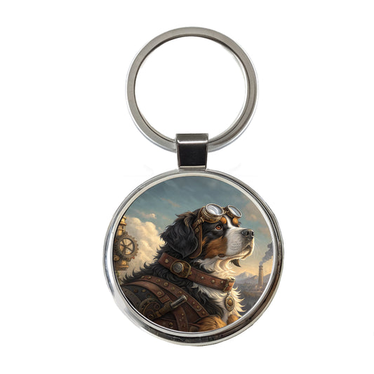 Bernese Mountain Dog Steampunk Round Metal Keychain