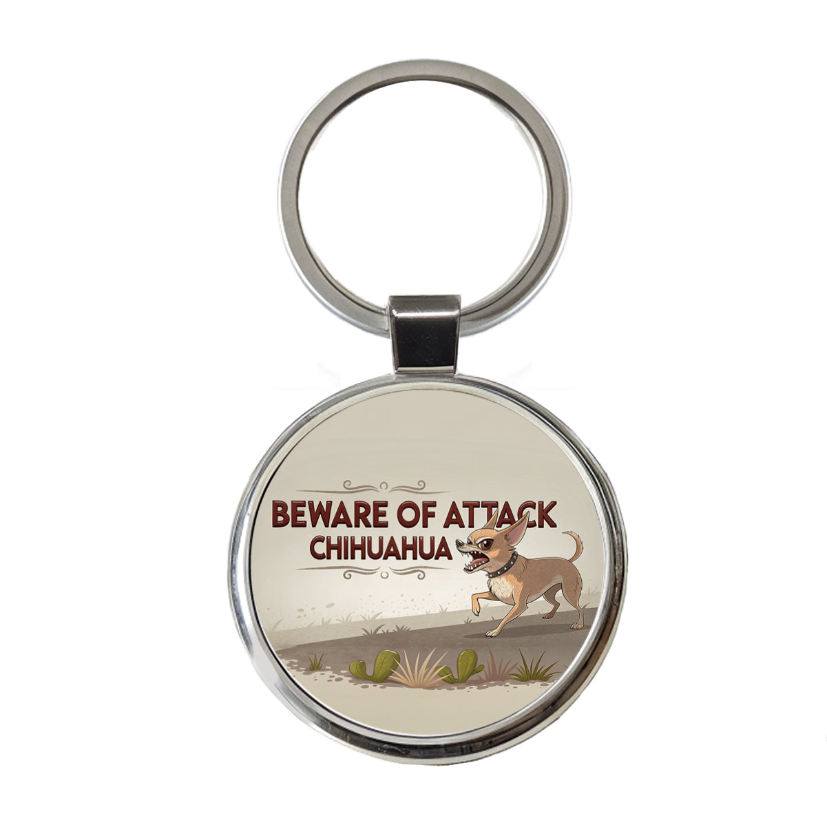Beware Of Attack Chihuahua Dog Funny Round Metal Keychain