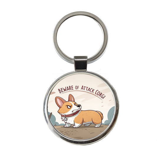 Beware Of Attack Corgi Dog Funny Round Metal Keychain