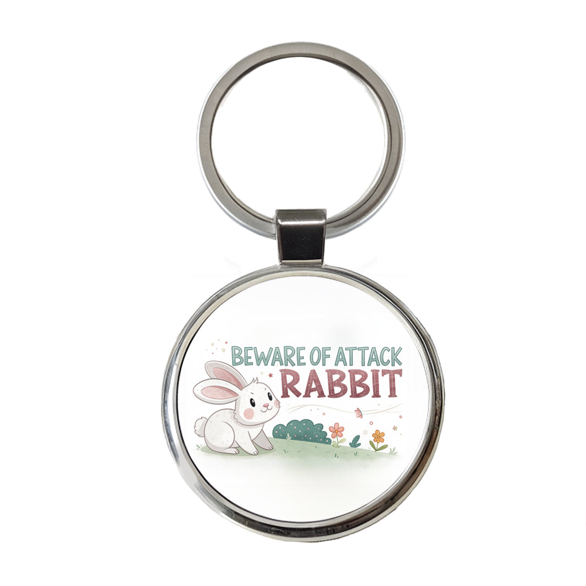 Beware Of Attack Rabbit Funny Round Metal Keychain