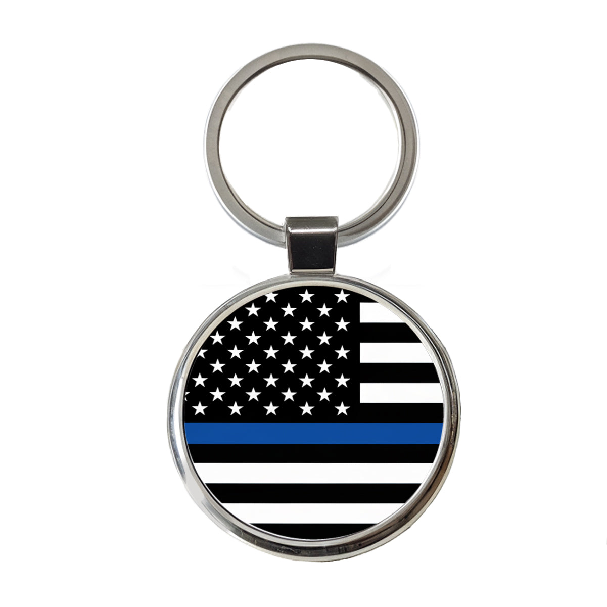 Black and White Thin Blue Line Police American Flag Round Metal Keychain