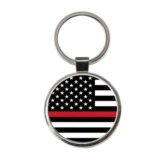 Black and White Thin Red Line Firefighter American Flag Round Metal Keychain