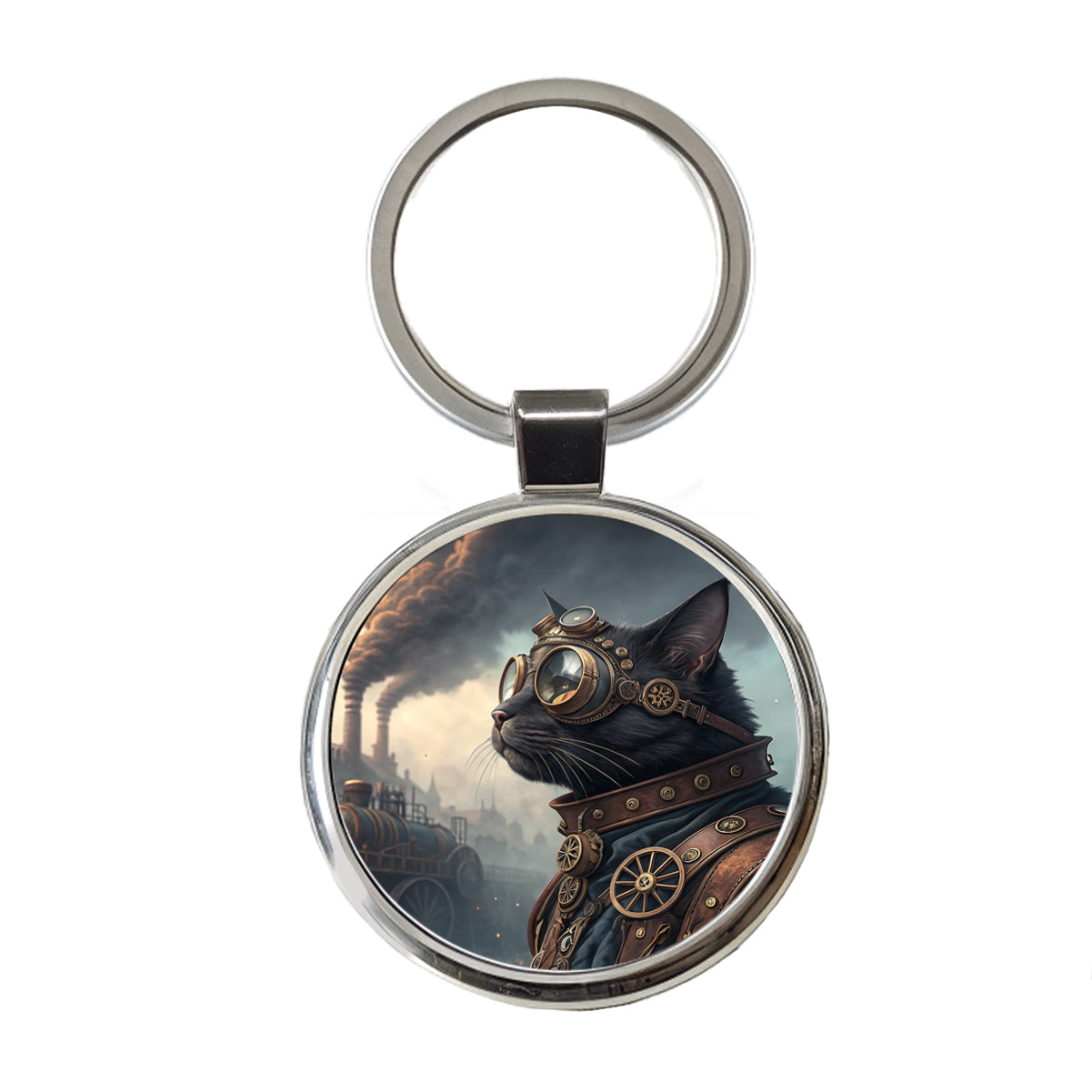 Black Cat Steampunk Round Metal Keychain