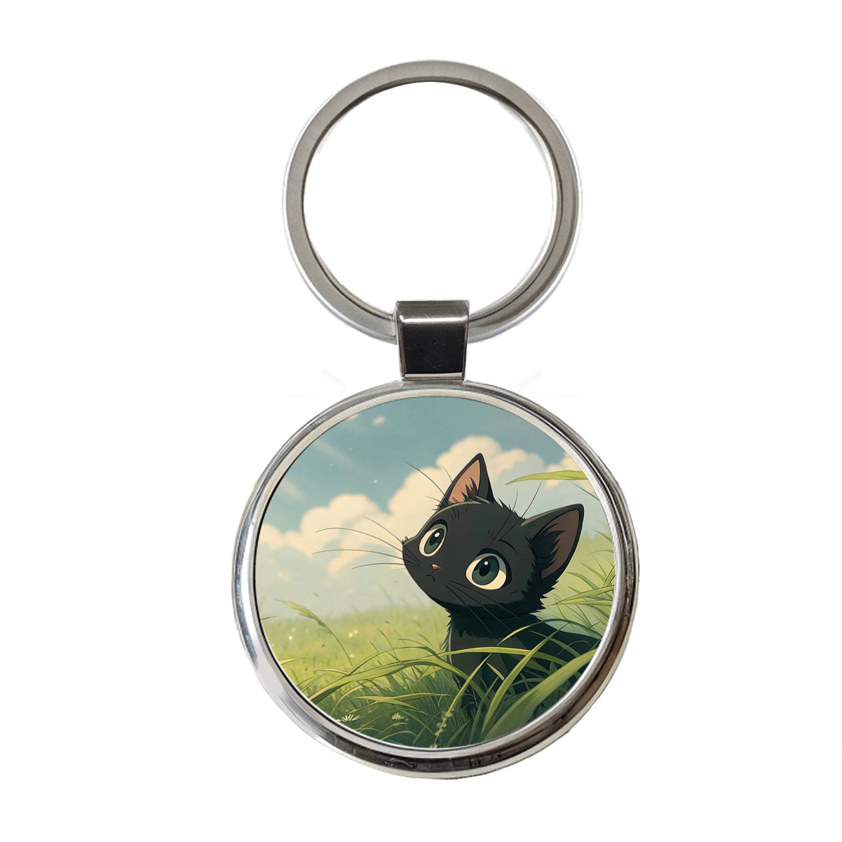 Black Kitten Cat in Field of Grass Anime Style Round Metal Keychain