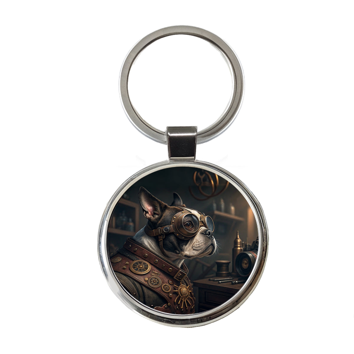Boston Terrier Dog Steampunk Round Metal Keychain
