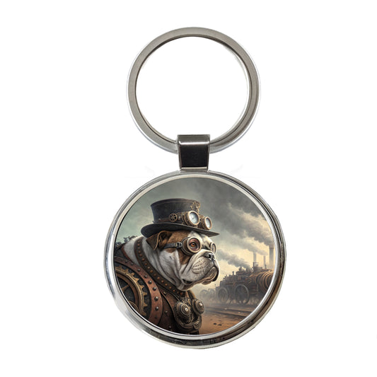 Bulldog Dog Steampunk Round Metal Keychain