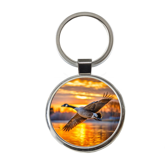 Canada Canadian Goose In Flight At Sunset Round Metal Keychain