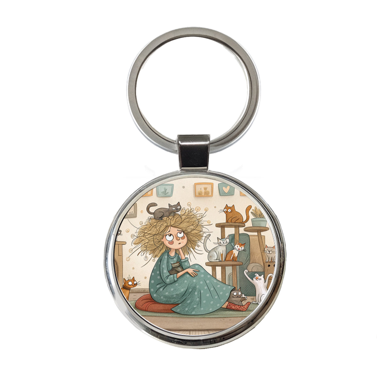 Cartoon of Crazy Cat Lady Home Round Metal Keychain