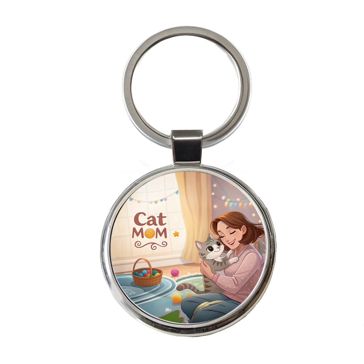 Cat Mom Cartoon Round Metal Keychain