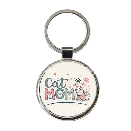 Cat Mom Cute Round Metal Keychain