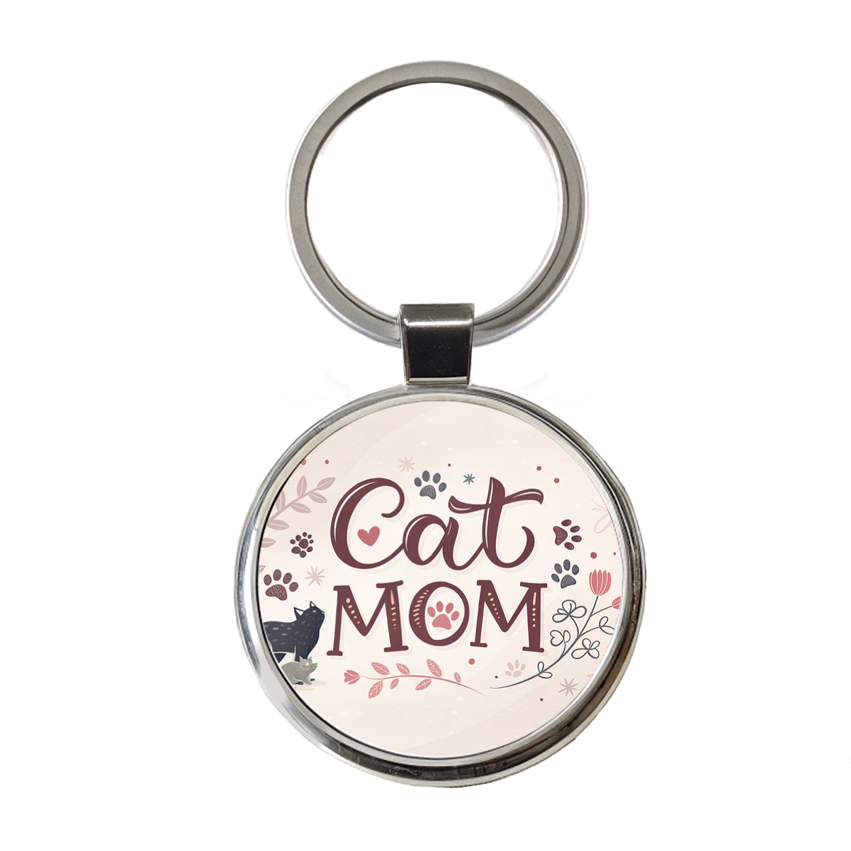 Cat Mom Floral Paw Prints Round Metal Keychain