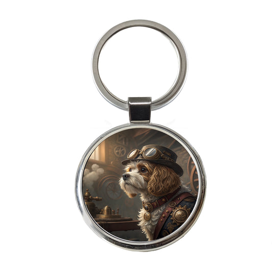 Cavapoo Dog Steampunk Round Metal Keychain