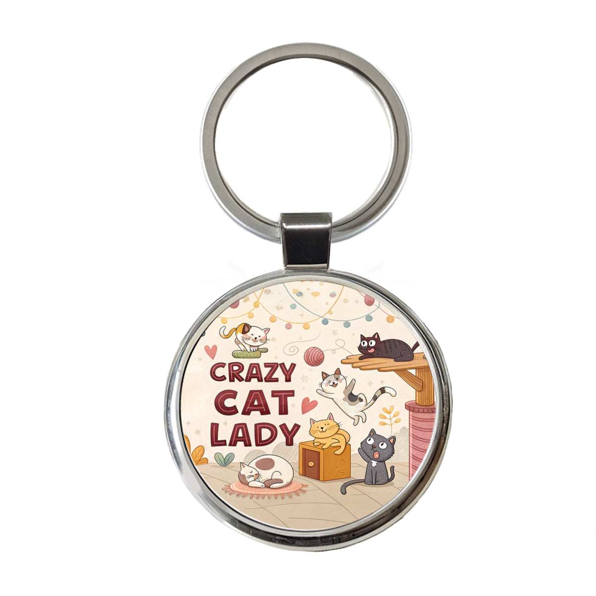 Crazy Cat Lady Funny Cartoon Round Metal Keychain