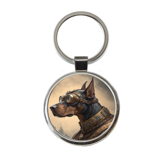 Doberman Pinscher Dog Steampunk Round Metal Keychain