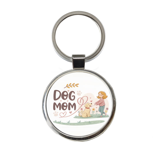 Dog Mom Cartoon Round Metal Keychain